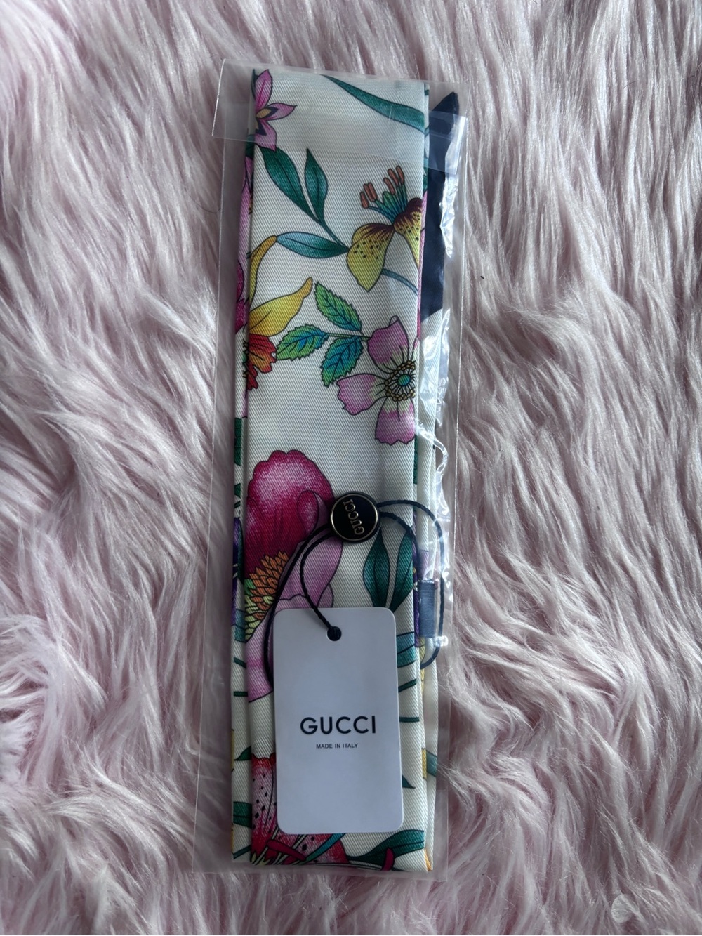 Gucci White Floral Silk Twilly with Multicolor Blossoms
